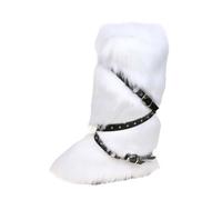 Jemnpela Women’s Faux Fur Ankle Mid Calf Slip-on Boots Gothic Punk | Buckle Rivet Decor Fluffy Furry Comfortable Snow Booties Rave Festival Cosplay Halloween Club Costume Party Warm Shoes