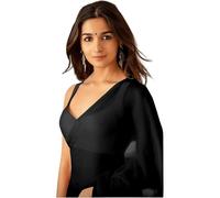 jemny impex Women's Plain Pure Georgette Saree With Unstitched Blouse Piece - Alia Bhatt styel Saree, Black, One Size