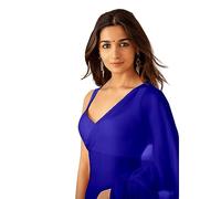 jemny impex Women's Plain Pure Georgette Saree With Unstitched Blouse Piece - Alia Bhatt styel Saree, Royal Blue, One Size