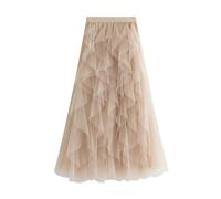 Jemsia Midi Tulle Skirt A-line Elastic High Waist Irregular Layered Tiered Mesh Ballet Prom Wedding Party One Size Skirt