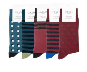 Jemsox 5 Pack Socks Bordeaux & Manor Green - Luxury 5-Pairs Organic Cotton Men's Crew Socks Size 9-12 Multipack, Colourful Patterned Dress Socks, Gentle Grip Top