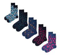 Jemsox Fox & Flowers - Luxury 5-Pairs Organic Cotton Men's Navy Crew Socks Size 7-11 - Patterned Multipack, Colourful Fox Design Dress Socks, All Day Comfort