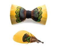 Jemygins Men’s Handmade, Leather, Feather Bow Tie with Gift Box Set for Wedding Celebration, Giallo Verde 2, M