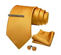 JEMYGINS Men's 9 cm Wide Extra Long Tie and Pocket Square Tie Clip Set Suitable Wedding Party, yellow