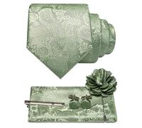 JEMYGINS Men's Paisley Tie with Pocket Square Tie Clip Flower Brooch and Cufflinks Set, sage green, M