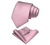JEMYGINS Men's Wedding Ties and Pocket Square Tie Clip Set Plain, Dark Rose Gold/Cherry Blossom Pink, M