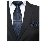 JEMYGINS Paisley Design Men's Tie in Various Colours with Handkerchief and Tie Clip, Dark Blue2, M