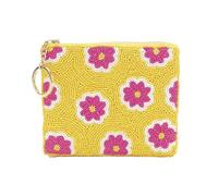 Jen & Co. Ricki Zipper Coin Pouch for Women Card Holder Small Accessory Organizer With Key Ring Acrylic Beaded, pink, Retro Flowers