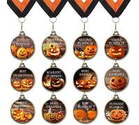 Jenaai 12 Pcs Halloween Pumpkin Medals 2" Halloween Trophy Awards Halloween Award Medals with Ribbon for Halloween Costume Party Contest