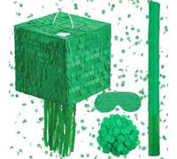 Jenaai Pixelated Mining Piñata Green Cube Shaped Head with Blindfold Bat and Filled Confetti, Gaming Themed for DIY Video Game Lovers Game Party Favors Birthday Decorations Gifts