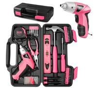 JENABOM Pink Household Tool Set with 3.6V USB Electric Screwdriver, 112 PCS Home Tool Kit with Cordless Power Driver, Hand Tool Kits for Women