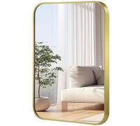 JENBELY 16x24 Inch Gold Mirror, Framed Rectangle Mirror with Rounded Corner, Brushed Brass Mirror, Gold Bathroom Mirror for Over Sink, Vanity, Living Room, Bedroom, Horizontal/Vertical
