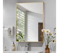 JENBELY Gold Bathroom Mirror, 16"x20" Rectangle Mirror, Brused Gold Mirror, Metal Frame Square Corner Vanity Mirror, Wall Mounted Mirror for Modern, Living Room, Bedroom, Horizontal Or Vertical