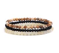 JENCVNL 3 Pcs Gemstone Stone Bracelet 4mm Natural Gemstone Bead Bracelet Crystal Bracelet Set Handmade Womens Mens 4mm Gemstone Bracelet Elastic Natural Beaded Bracelet for Men Women (Brown)
