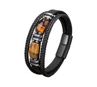 JENCVNL Mens Leather Bracelet, Tiger Eye Multi-Layer Leather Woven Bracelet, Multi-Layer Rope Leather Bracelet, Braided Tiger Eye Bracelet with Magnet Clasp, Gifts for Men (Black, 23)