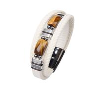 JENCVNL Mens Leather Bracelet, Tiger Eye Multi-Layer Leather Woven Bracelet, Multi-Layer Rope Leathere Bracelets, Braided Tiger Eye Bracelets with Magnet Clasp Gifts for Men Boys (White, 19)