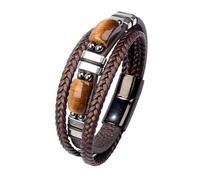 JENCVNL Mens Leather Bracelet, Tiger Eye Multi-Layer Leather Woven Bracelet, Multi-Layer Rope Leathere Bracelets, Braided Tiger Eye Bracelets with Magnet Clasp Gifts for Men Boys (Coffee, 23)
