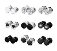 JENCVNL Mens Stud Earrings, Stainless Steel Round Earrings Ear Studs Black Silver Fake Gauge Earring Faux Ear Tunnel Faux Plugs Screw Studs Earring for Men Boy (Silver+Black Set 1-9Pairs)