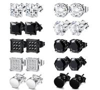 JENCVNL Mens Stud Earrings, Stainless Steel Round Earrings Ear Studs Black Silver Fake Gauge Earring Faux Ear Tunnel Faux Plugs Screw Studs Earring for Men Boy (Silver+Black Set 2-10Pairs)