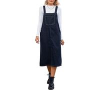JENETY Women Vintage Sleeveless Midi Length Denim Overall Dress Pinafore Bib Pocket A-line Back Slit Distressed Blue Jeans Dress (S)