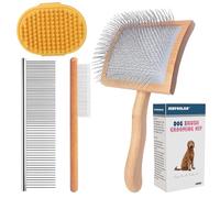 JENFOSLAN Dog Slicker Brush for Dogs Grooming Kit 4PCS, Ergonomic Dog Brush for Shedding Long Haired Dogs - Grooming Supplies for Golden Doodle & Poodle (Wooden)