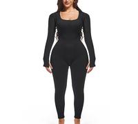 Jengo Jumpsuits for Women Bodysuit Romper One Piece Body Full Suit Ribbed Long Pants Leggings Bodycon Playsuit Yoga Workout Outfit (Medium, Black)