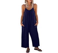 Jengo Women's Loose Sleeveless Jumpsuits Spaghetti Strap Stretchy Long Pant Romper Jumpsuit with Pockets Baggy Playsuit Romper