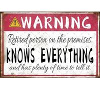 Jenifu Retirement Signs Warning Retired Person On Premises Knows Everything Metal Tin Sign For Funny Retirement Gifts Humorous Retired Gift Happy Retirement Yard Sign Women Men Patio Signs 8 X 12 Inch