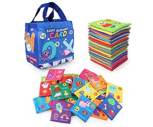 Jenilily Soft Alphabet Cards Baby Learning Toys, 26 Letters Animals Cloth Alphabet Flash Cards for 1 Year Old Infants & Toddlers with Storage Drawstring Bag