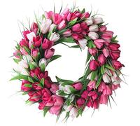 Jeniuu Artificial Tulip Flower Wreath 50cm Spring Wreaths for Front Door Pink White Tulip Front Door Wreath Spring Summer Silk Flower Wreath with Green Leaves Decor