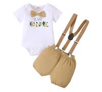 JENJON Infant Baby Boy First Birthday Clothes Wild One Funny Print Bow Tie Romper Bodysuit with Suspender Shorts Cake Smash Outfits Set Short Sleeve Khaki Wild One 12-18 Months