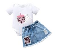 JENJON Newborn Baby Girl Clothes Causal Short Ruffle Sleeve Top Denim Jeans Ripped Mini Skirt Infant Summer Outfits Set White Bunny 12-18 Months