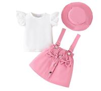 JENJON Toddler Baby Girl Summer Ruffle Fly Short Sleeve Ribbed Top +Bowknot Suspender Skirts Overall Dress +Hat Clothes Set for Girls Pink 6-12 Months
