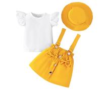 JENJON Toddler Baby Girl Summer Ruffle Fly Short Sleeve Ribbed Top +Bowknot Suspender Skirts Overall Dress +Hat Clothes Set for Girls Yellow 6-12 Months