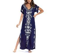 JENJON Women's Beach Dresses Cotton Maxi Elegant Boho Summer Loose Kaftan Beach Long Bikini Cover Ups