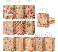 Jenleestar Christmas Gift Bags, 12 Styles Of Brown Paper Gift Bags With Handles In Bulk, Reusable Christmas Party Bags For Gift Giving, Retail Shopping And Craft Projects