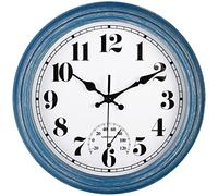 JENLYSTIME 12" Waterproof Retro Wall Clock with Thermometer Silent Round Quartz Battery Operated Easy Read Decorative for Kitchen, Patio, Bathroom, Deck