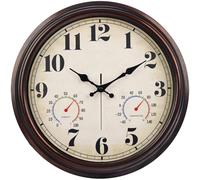 JENLYSTIME 16 Inch Dark Brown Vintage Wall Clock with Thermometer & Hygrometer - Waterproof Decorative Indoor/Outdoor Clock with Large Numerals & Silent Sweep Movement - Ideal for Porch, Garden, Pool