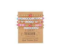 JENMAVJI 5Pcs Set Teacher Appreciation Heart Apple Clay Beaded Stackable Adjustable Bracelet Love Inspire Teach Happy Letters Elastic for Women Jewelry Heishi Ploymer Gifts, S, clay, no gemstone