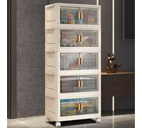 Jenmayt Collapsible Storage Bins with Wheels & Magnetic Doors - Stackable Plastic Cabinet for Small Spaces, Bedroom, Kitchen (5 Tier)