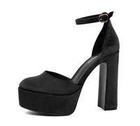 Jenn Ardor Women's Platform Heels 5 Inch Chunky High Heel Pumps Block Heels 1.7 Inch Platform Ankle Strap Closed Toe for Dress Wedding Party Pumps, Black- Velvet, 5.5 UK