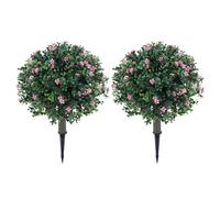 Jenngaoo Artificial Boxwood Topiary, 2PCS Artificial Shrub Bushes with Pinkish White Flowers, 17.8 Inch Simulated Greenery, Ground Spike for Porch Garden Patio Indoor Outdoor Decor