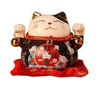 Jenngaoo Ceramic Waving Lucky Cat Figurine, 4.5 Inch Japanese Beckoning Maneki Neko Statue for Home Office Decor, Wealth & Good Luck Attraction, Black