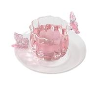 Jenngaoo Transparent Tea Cup Set with Saucer, Ribbed Drinking Glasses Butterfly Decoration 3D Butterfly Coffee Mugs Flower Tea Cup for Milk Tea Juice Coffee (Lotus Cup Set with Tray)