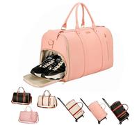 Jenni Bag Travel Bag with Wheels, Garment Bags for Travel,Stylish Carry On Garment Bag with Toiletry Pocket, Shoulder Strap and Shoes Compartment, 2 in 1 Foldable PU Leather Duffle Bag(Basic, Pink)