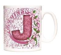 JENNIFER GIFT MUG, letter J mug, Name Mug, Birthday or celebration gift for people called JENNY. Pretty pink flower design mug. Can be personalised