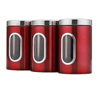 JENNIMER 3PC Kitchen Canister Sugar Food Tea Coffee Candy Storage Jars Stainless Steel with Transparent Windows (Red)