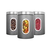 JENNIMER Canister Set of 3,Stainless Steel with Transparent Windows for Sugar Food Tea Coffee Candy Storage (Grey)