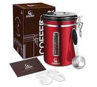 JENNIMER Coffee Canister- Large 1.8L/650g, Stainless Steel Coffee Storage Container Transparent Window Keep Fresh Coffee Beans, Date Tracker, CO2-Release Valve & Measuring Scoop (Red)