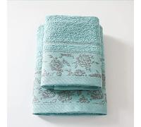 Jenny Sesal Ada Set 1+1 Jacquard Towels with Frill, Set of Two Bath Towels Face and Guest Size: Face: 50 x 100 cm, Guest 38 x 58 cm, 100% Cotton, Soft to the Touch (Verdino)